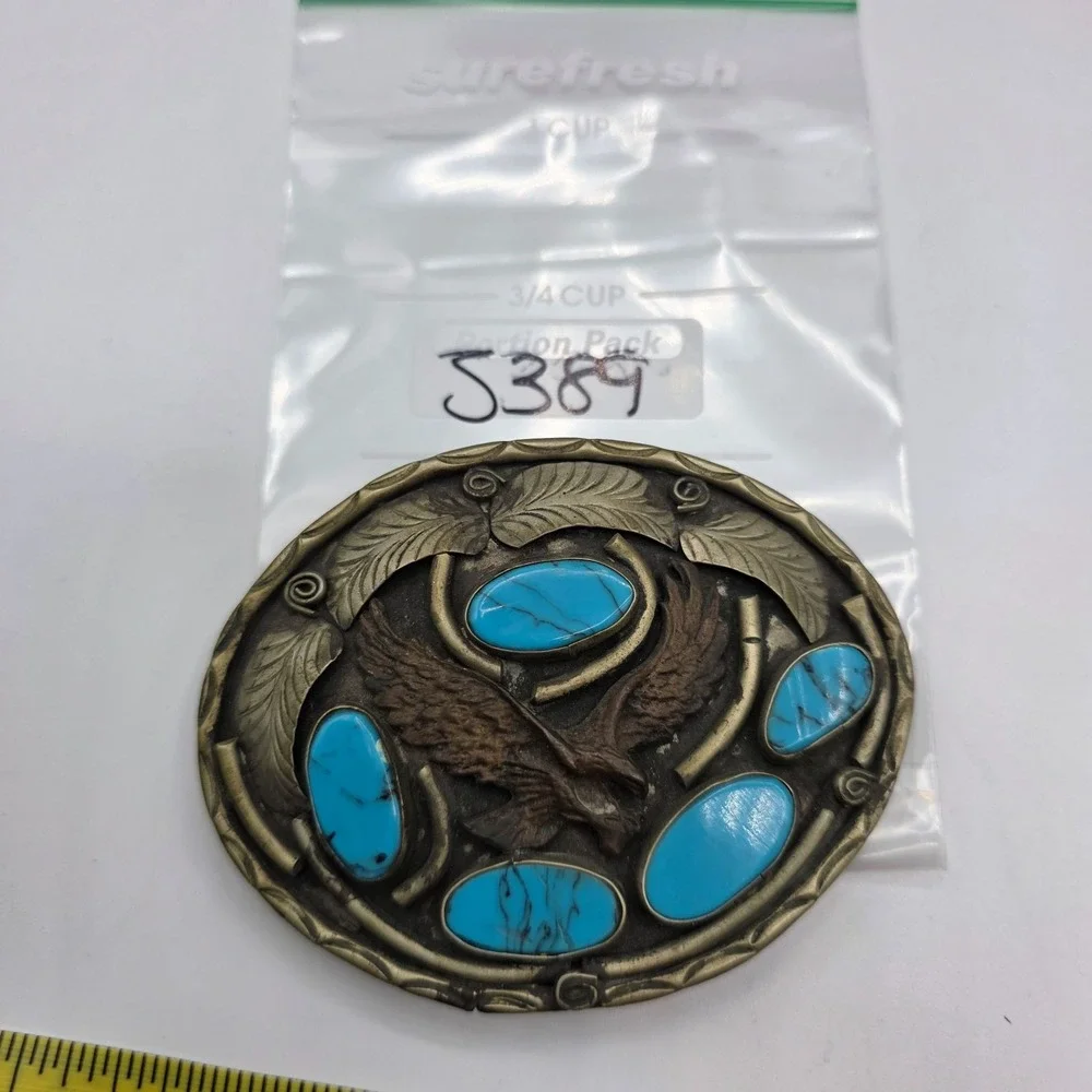 Vintage Navajo SS‎ Mark Eagle Belt Buckle Turquoise Stones Brass Tone Western